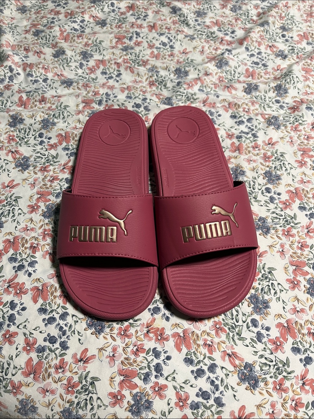 Puma Women's Maroon Slide Sandals with Gold Logo